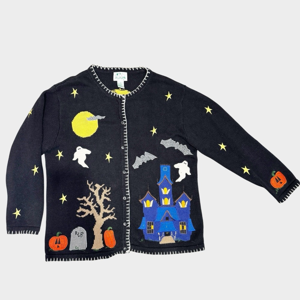The Quacker Factory Womens Goth Halloween Embroidered Ghost Button Cardigan 1X